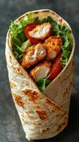 Crispy chicken wrap filled with fresh vegetables and savory ingredients in a soft tortilla photo