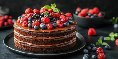 Chocolate cake topped with fresh berries on a dark background at a dessert table photo