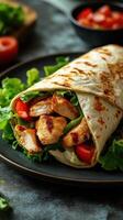 Grilled chicken wrap with fresh vegetables served on a dark plate during lunchtime photo