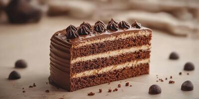Rich chocolate layer cake displayed on wooden surface with chocolate truffles and baking tools in background photo