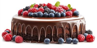 Chocolate cake topped with fresh berries on a white background ready for dessert lovers photo