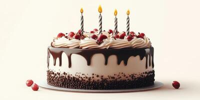 Delicious chocolate cake with candles and cherries for a festive celebration or birthday party photo