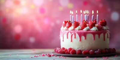 Delicious birthday cake decorated with fresh raspberries and lit candles on a festive background photo