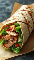 Grilled chicken wrap filled with fresh vegetables and greens prepared on a rustic backdrop photo