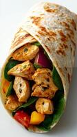 Chicken wrap filled with fresh vegetables and sauce served in a soft tortilla photo