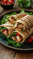 Grilled chicken wraps with fresh vegetables served on a rustic wooden table photo
