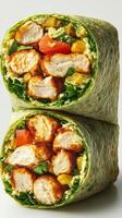 Delicious chicken wrap filled with fresh vegetables and creamy dressing ready for a healthy meal photo