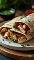 Chicken wraps with fresh vegetables and sauce on a wooden platter in a casual dining setting photo