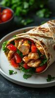 Freshly made grilled chicken wrap with red peppers and cilantro on a plate photo