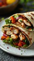 Delicious grilled chicken wraps with fresh vegetables served on a plate photo