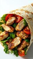 Grilled chicken wrap filled with fresh vegetables in a soft tortilla served on a white background photo