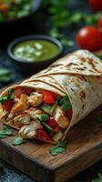 Delicious chicken wrap filled with fresh vegetables and herbs on a wooden board photo