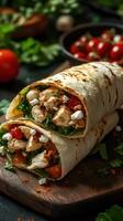 Freshly made chicken wraps with vegetables and herbs on a wooden board surrounded by cherry tomatoes photo