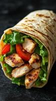 Fresh grilled chicken wrap with lettuce and tomato served on a wooden board photo