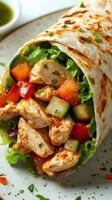 Delicious chicken wrap with fresh vegetables served on a plate during lunch time photo