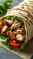 Grilled chicken wrap with fresh vegetables served on a rustic surface during midday photo