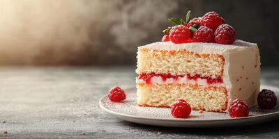 Delicious raspberry layered cake with frosting and fresh berries on a dark background photo
