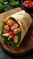 Grilled chicken wrap with fresh vegetables served on a wooden board in a kitchen setting photo