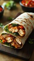 Delicious chicken wrap with fresh vegetables served on a wooden board at a casual dining setting photo