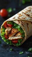 Delicious grilled chicken wrap filled with fresh vegetables enjoyed in a cozy setting photo