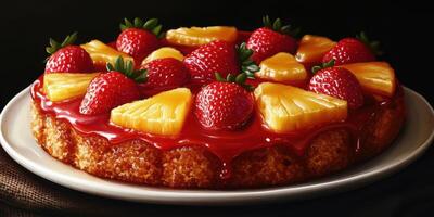 Fresh fruit topped cake with strawberries and pineapples served on a plate in a dimly lit setting photo