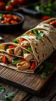 Delicious chicken wrap with fresh vegetables on rustic wooden table photo