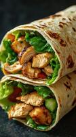Delicious grilled chicken wraps filled with fresh vegetables served on a dark background photo