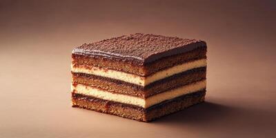 Delicious chocolate layer cake with creamy filling and rich frosting arranged on a simple background photo