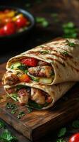 Grilled chicken wrap filled with fresh vegetables served on a wooden board photo