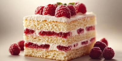 Delicious raspberry cream cake layered with light sponge and fresh berries displays enticing colors and textures photo