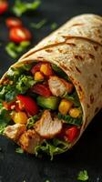 Delicious grilled chicken wrap filled with fresh vegetables and herbs on a textured black background photo