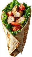 Fresh grilled chicken wrap with crisp lettuce and juicy tomatoes prepared for a healthy lunch option photo