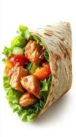 Delicious wrap filled with grilled chicken, fresh vegetables, and greens showcased against a clean background photo