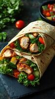 Fresh chicken wraps with colorful vegetables and greens on a rustic slate background photo
