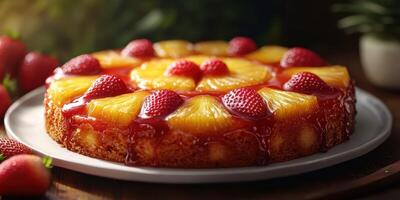 Delicious pineapple and strawberry upside-down cake on a white plate with vibrant colors and fresh fruit decoration photo