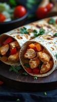 Delicious chicken wraps filled with fresh vegetables on a wooden platter at a cozy kitchen setting photo