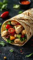 Fresh chicken wrap filled with vegetables and spices served on a dark surface photo