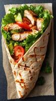 Freshly made chicken wrap filled with crisp vegetables and grilled chicken on a rustic backdrop photo