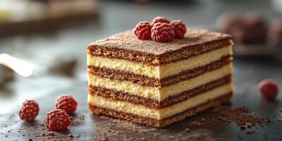 Delicious layered cake topped with fresh raspberries on a rustic table setting photo
