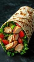 Delicious grilled chicken wrap filled with fresh vegetables, served on a dark background photo