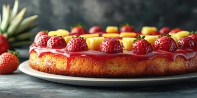 Freshly baked strawberry and pineapple cake with glossy glaze displayed on a round plate photo