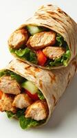 Delicious chicken wrap filled with fresh vegetables presented on a light background photo