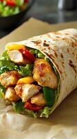 Delicious grilled chicken wrap filled with fresh vegetables and greens on a rustic table photo