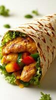 Grilled chicken wrap filled with fresh vegetables and cheese ready to enjoy photo