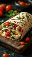 Freshly wrapped chicken and vegetable burrito with vibrant garnishes on a wooden board photo