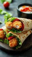Deliciously crunchy chicken wraps filled with fresh vegetables and served with dipping sauce photo