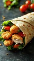 Delicious chicken wrap with crispy bites, fresh vegetables, and soft tortilla ready for a healthy meal photo