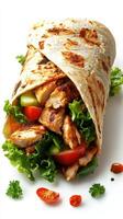 Grilled chicken wrap filled with fresh vegetables and herbs served on a white background photo
