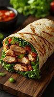 Delicious grilled chicken wrap with fresh vegetables served on a wooden board during lunchtime photo