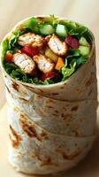 Fresh wrap filled with grilled chicken, crisp vegetables, and vibrant lettuce in a casual dining setting photo